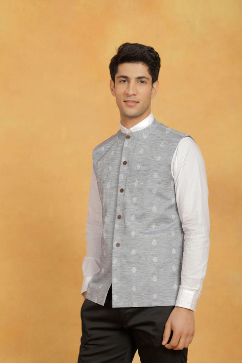 Vastramay Men's Grey Cotton Nehru Jacket
